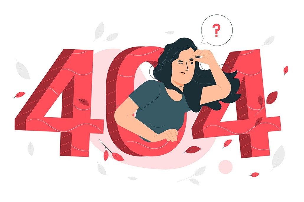 A graphic of 404 with a woman coming out of the zero.